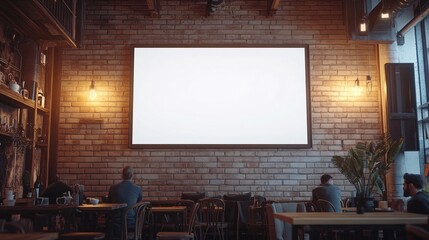 Blank screen mockup in a restaurant with people sitting at a table.