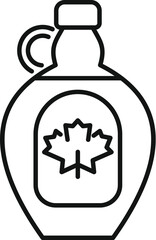 Simple line art icon of a glass jug of maple syrup with a maple leaf icon