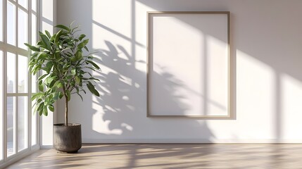 Fototapeta premium Minimalist interior with large empty picture frame on pure white wall, natural light from window casting soft shadows, indoor plant with green leaves in corner, modern and clean aesthetic.