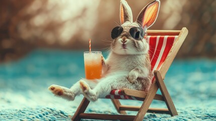 Cool rabbit in aviator sunglasses sitting on a mini deck chair with a tiny drink.