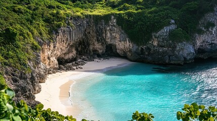 Obraz premium Secluded Cove with Turquoise Waters and White Sandy Shores, Nestled Among Towering Cliffs and Lush Vegetation. AI generated illustration