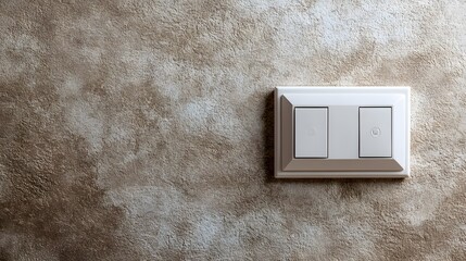 Minimalist white light switch on textured beige wall, modern square design, four buttons, clean lines, copy space for text, subtle shadows, close-up view, interior design detail, ambient lighting.