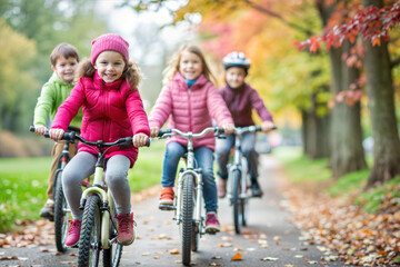 Fototapeta premium Group of Happy Children Riding Bicycles in Autumn Park