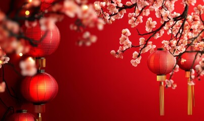 Enchanting 2025 Lunar New Year Celebration: Abstract Creative Snake Zodiac Design with Floral Motifs and Lanterns. Festive Chinese Year of the Snake Artwork on Vibrant Red-Gold Background. Artistic UI