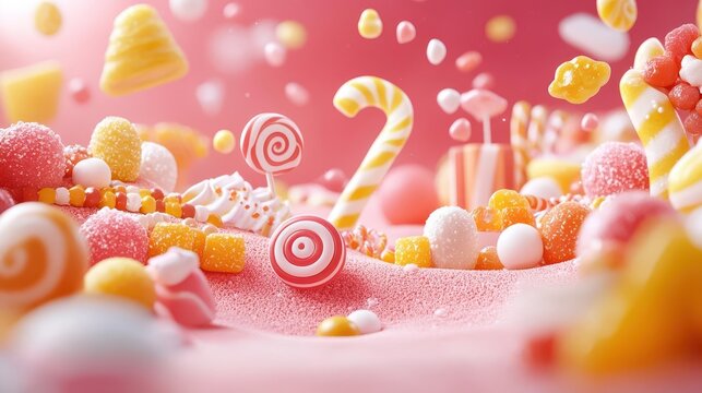 Character in a colorful candy land, surrounded by sweets, 3D illustration