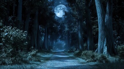 Moonlit Path Through a Dense Forest with Tall Trees and Patches of Moonlight Illuminating the Way. AI generated illustration