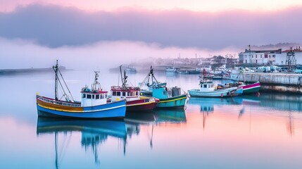 Fototapeta premium Quiet Harbor at Dawn with Colorful Fishing Boats Bobbing on the Water and Mist Rising from the Sea. AI generated illustration
