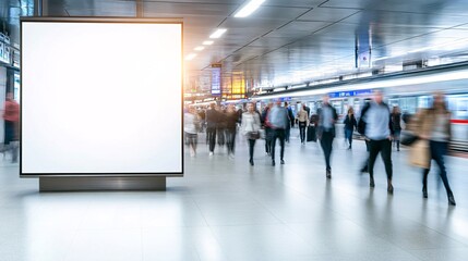 Blank billboard with people in motion blur walking past it in a subway station.