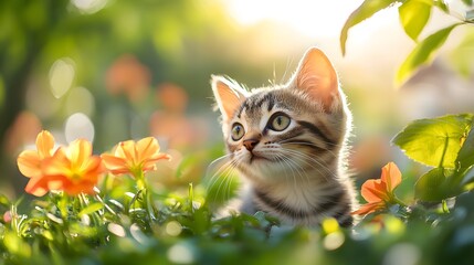 Playful kitten in garden, lush green grass, bright flowers, curious expression, sunlight filtering through trees, shallow depth of field, high-resolution pet photography, joyful atmosphere.