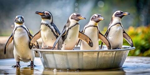 Fototapeta premium Pingouins playing in a bathtub filled with water, pingouins, bath tub, water, play, cute, animals, fun, splashing