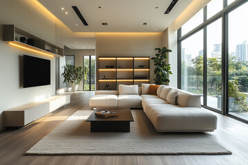 Modern minimalist living room with neutral tones and open space