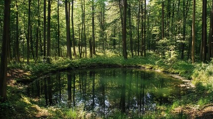 Obraz premium Secluded Forest Glade with a Crystal-Clear Pond Surrounded by Towering Trees and Thick Underbrush. AI generated illustration