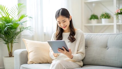 Fototapeta premium Woman Relaxing on Sofa Using Tablet.