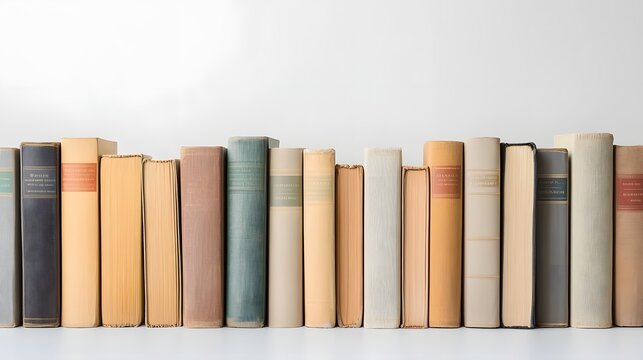 Row of books on white background, various sizes and colors, book spines aligned, minimalist composition, pastel and earth tones, literature concept, education theme, copy space above.