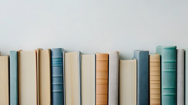 Row of books on white background, various sizes and colors, book spines aligned, minimalist composition, pastel and earth tones, literature concept, education theme, copy space above.