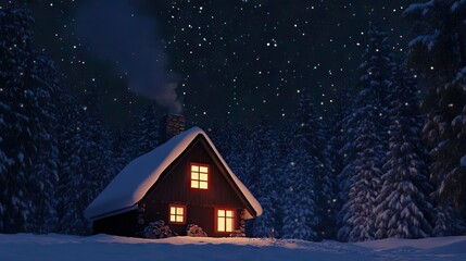 Fototapeta premium Snow-Covered Cabin in a Remote Forest at Night with Warm Light Glowing from the Windows and Smoke Curling from the Chimney into a Starry Sky. AI generated illustration