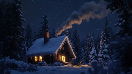 Snow-Covered Cabin in a Remote Forest at Night with Warm Light Glowing from the Windows and Smoke Curling from the Chimney into a Starry Sky. AI generated illustration
