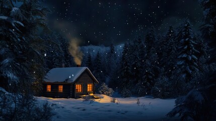 Snow-Covered Cabin in a Remote Forest at Night with Warm Light Glowing from the Windows and Smoke Curling from the Chimney into a Starry Sky. AI generated illustration