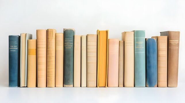 Row of books on white background, various sizes and colors, book spines aligned, minimalist composition, pastel and earth tones, literature concept, education theme, copy space above.