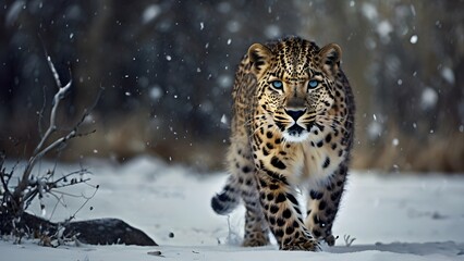 Fototapeta premium A high-resolution closeup photograph of a leopard in a snowy environment, capturing its intense gaze and majestic presence amidst falling snowflakes.