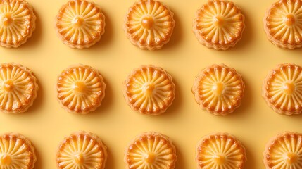 Fototapeta premium Rows of golden pineapple tarts on pale yellow background, overhead view, traditional Chinese pastries, flaky crust with intricate patterns, symmetrical arrangement, food photography.