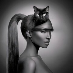 Fototapeta premium Cat integrated with a woman's hair 