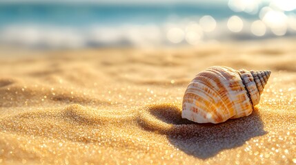 Seashell on golden sand, bright sunlight, high contrast, crisp details, rippled sand texture, vibrant colors, macro photography, beach scene, natural patterns, summer mood, clear blue sky.