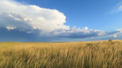 Obraz premium Wide-Open Prairie with Tall Grasses Waving in the Wind, Under a Vast Sky Filled with Towering Cumulus Clouds and Distant Thunder. AI generated illustration