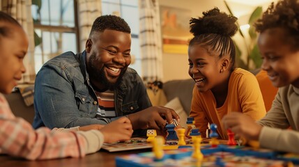 Fototapeta premium A father and his three children are playing a board game together and laughing.