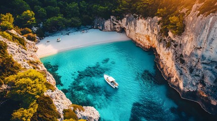 Fototapeta premium Secluded cove with crystal clear turquoise water, white sandy beach, towering limestone cliffs, lush vegetation on top, small white boat anchored near shore, calm Mediterranean Sea,.