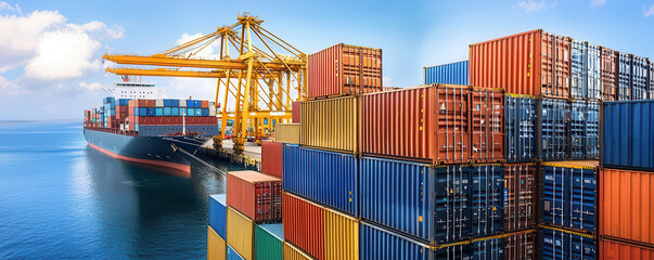 A shipyard filled with stacked containers, ready to be loaded onto cargo ships, Port Logistics, showcasing the scale of global trade infrastructure