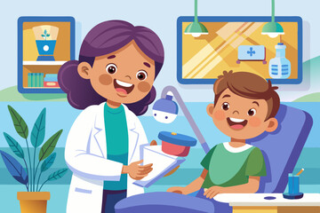 Dental office. Children's dentist and patient. Vector illustrati
