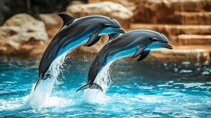 Two dolphins leap gracefully out of the clear blue water, showcasing their playful nature and agility in a stunning aquatic display.