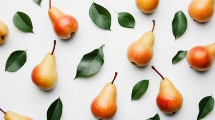 Obraz premium Close up pears and leaves on a white background. Pear fruit texture