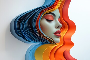 A woman's face is drawn in a series of colorful strips of paper