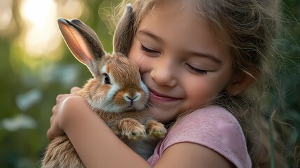 A joyful girl lovingly cuddles a rabbit in a serene outdoor setting, showcasing the beauty of childhood and animal companionship.