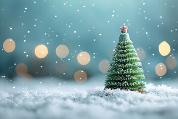 Tiny Snow-Covered Christmas Tree During Evening Snowfall