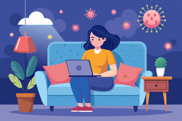 Work at home. A woman sitting on a sofa works at a laptop. Freelance during an outbreak of coronavirus. Quarantine
