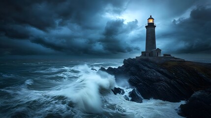 Solitary lighthouse on rugged coastline, stormy skies, powerful waves crashing, dramatic lighting, high-resolution landscape photography, coastal scenery, timeless symbol, wide-angle view.