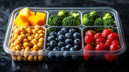 Transparent plastic bento box, colorful fresh fruits and vegetables, vibrant food compartments, strawberries, blueberries, mango cubes, broccoli florets, cherry tomatoes.