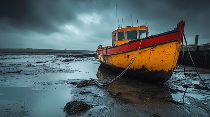 Fototapeta premium Solitary Boat Stranded on a Muddy Shore
