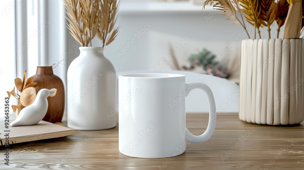 Wall mural a white coffee mug sits on a wooden table next to a vase and a potted plant