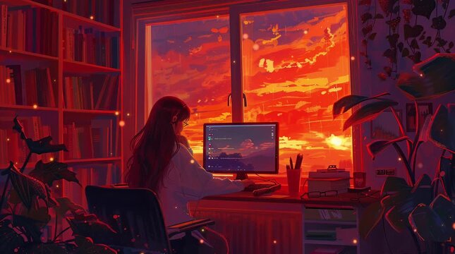 Anime girl using a laptop in a softly glowing room with a cozy atmosphere, creating an introspective mood
 Seamless looping 4k time-lapse virtual video animation Generated AI