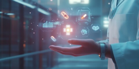 Innovative medical concept featuring a doctor presenting futuristic holographic icons representing various aspects of healthcare, symbolizing the digital evolution of medicine