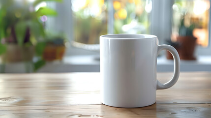 A simple white coffee mug placed on a wooden table, evoking a cozy and relaxed atmosphere.