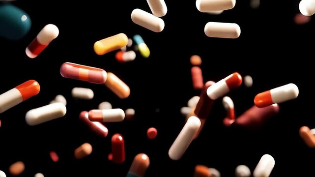 HD pills falling, medicine, drugs, tablets, supplements, vitamins, animation
