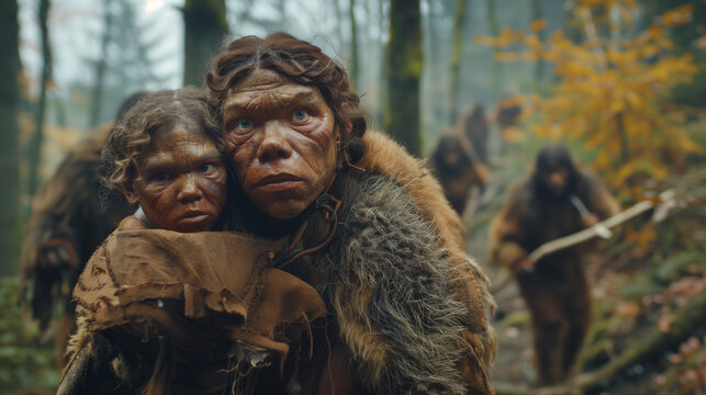 Female Homo erectus carrying child during group migration through forest.