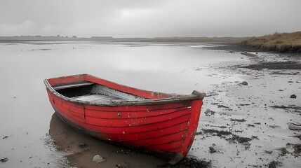 Fototapeta premium A Single Red Rowboat on a Grey Shore