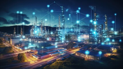 Fototapeta premium Modern factory, communication network. Telecommunication. IoT, Internet of Things, ICT, Information communication Technology,. Smart factory. Digital transformation, cloud connecting, generate by AI