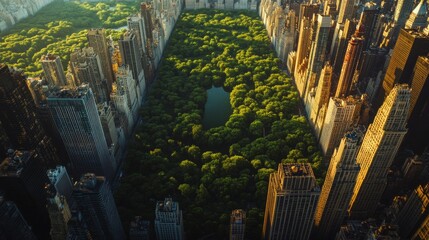 Aerial view of a vibrant green park surrounded by tall city buildings. This stunning image captures the contrast between nature and urban life. Perfect for showcasing city parks and green spaces. AI